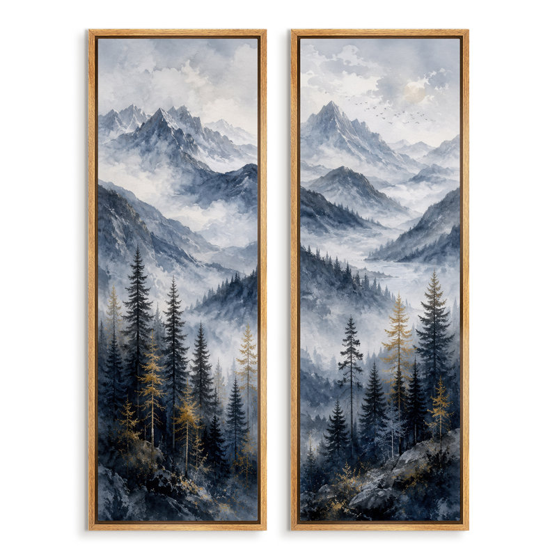 Forêt de pins de la vallée de montagne Blue Gray – Ensemble de 2 impressions d'art encadrées sur toile 60" x 20" x 2