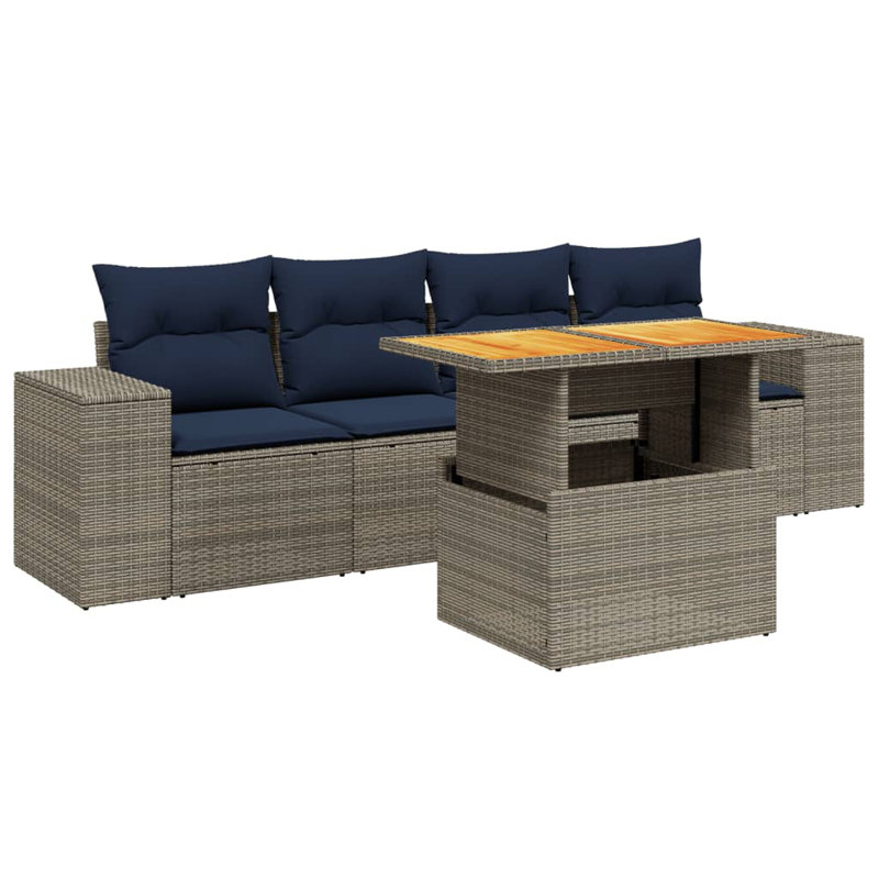  Ensemble de canapé de patio 5 pièces avec coussins en rotin de polyester, Gris, Bleu