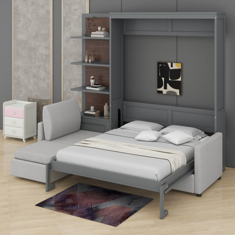 Grand lit escamotable avec tablettes, Gris