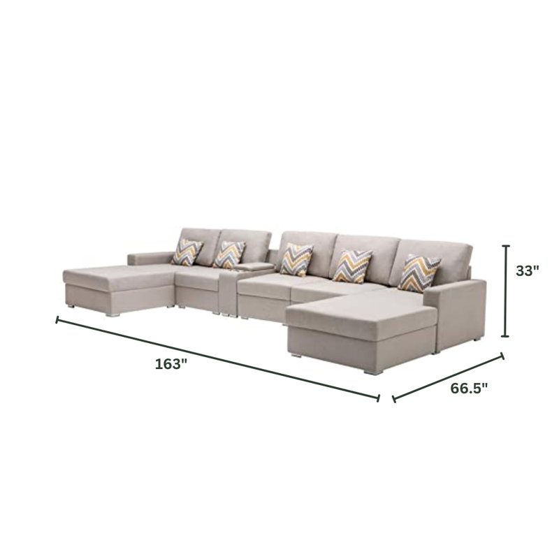 Esplanade 6Pc Double Chaise Sectional Sofa, Beige 100% Linen