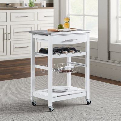 Mobile Indoor Kitchen Island Trolley Serving Cart with Stainless Steel Marble Top Underneath Drawer Slide-Out Wire Storage Basket Wine Rack Lockable C by Winston Porter