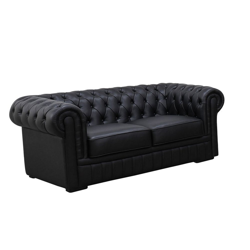 Turfted English Style Black Genuine Leather Loveseat