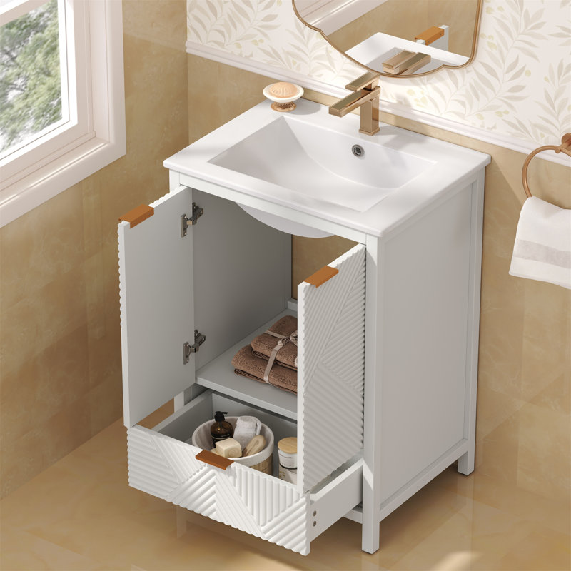 Van Meuble-lavabo moderne blanc 24 po H - Trou de robinet simple, panneaux de porte texturés, pieds de tiroir et de pin, grand rangement avec charnières à fermeture en douceur