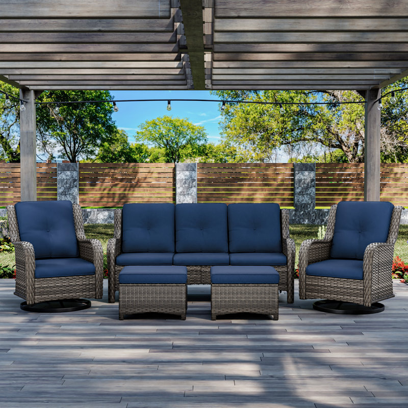 Wicker 5 - Person Patio Conversation Set with Cushions, Blue