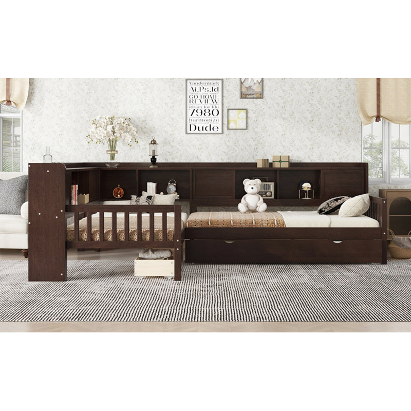 L-Shaped Platform Bed Twin Size With Trundle, Espresso