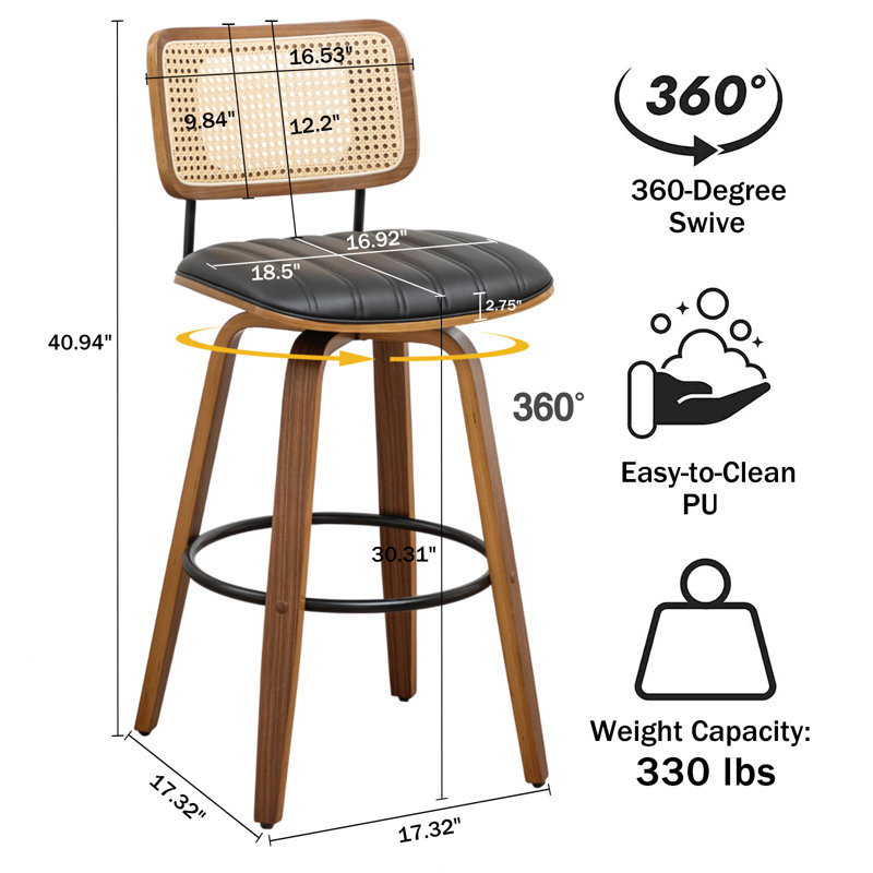 Valerie Swivel Wooden Rattan Faux Leather Bar Stool, Black, Bar Stool (30.31" Seat Height)
