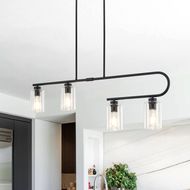 4 - Light Classic Glass Shade Kitchen Island Chandelier, Matte Black