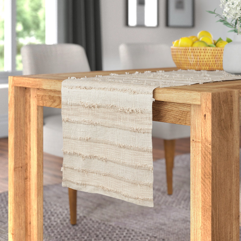 Ivory and Beige Cotton Fringe Striped Table Runner