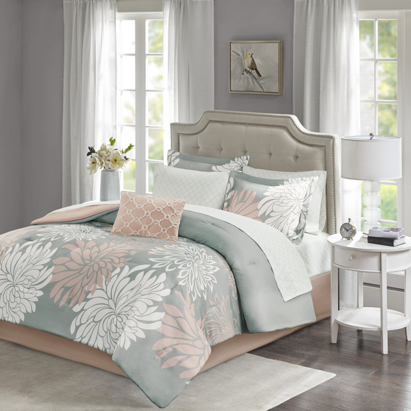 Ensemble d'édredon à motif floral avec draps en coton Maible, Cal. Édredon très grand + 1 jupe de lit + 2 taie, Rosé / Gris