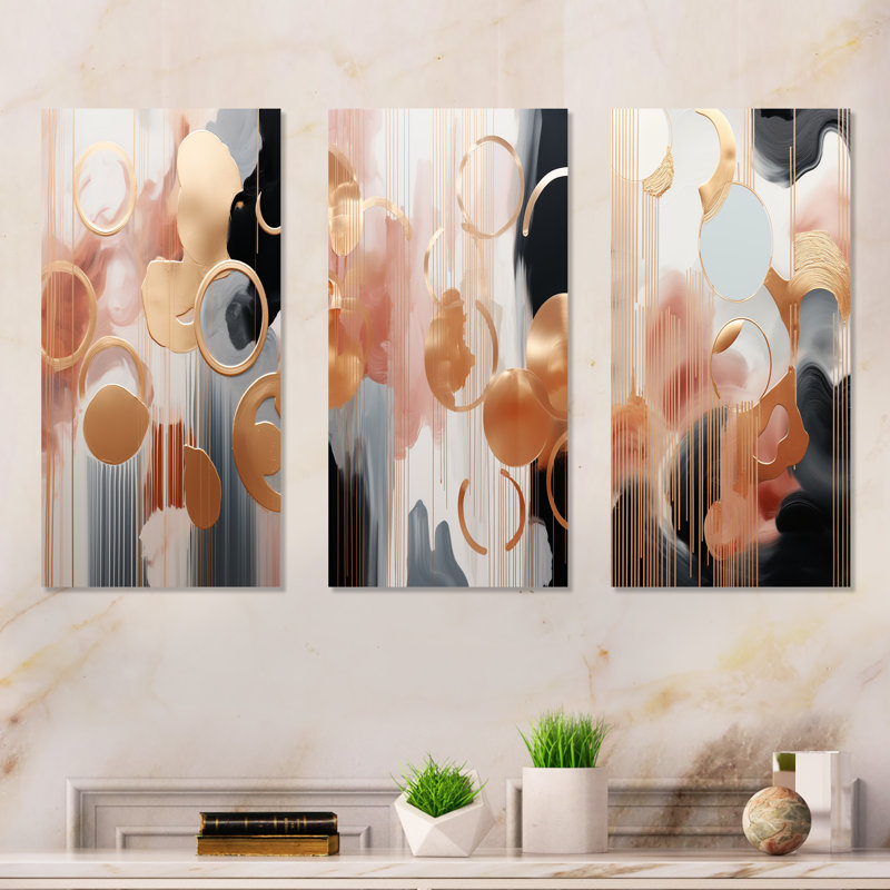 Gold And White Abstract Shapes Harmony I - Abstract Shapes Metal Prints Set Of 3, 28" H x 36" W