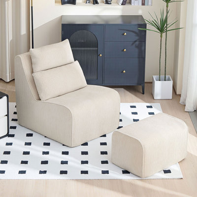 Corduroy Compression Lounge Chair with Ottoman, Upholstered Single Lazy Sofa Chair with Removeable Headrest, Comfy Armless Reclining Leisure Chair for Living Room Bedroom Apartment