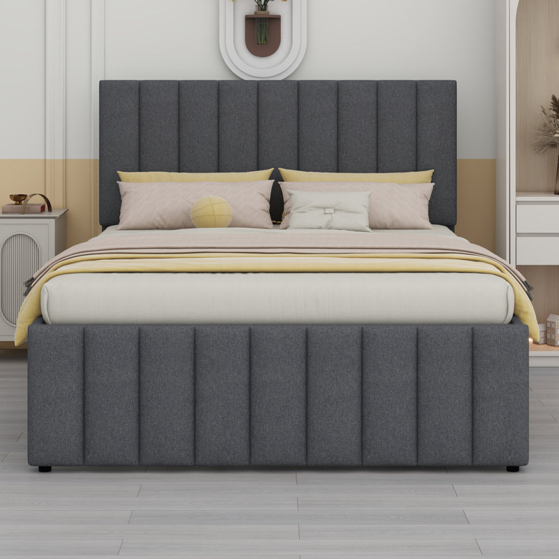 Upholstered Platform Bed With Trundle And 3 Drawers, Grey