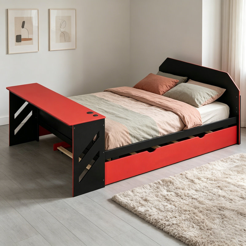 Lit de jour en bois pleine grandeur avec lit gigogne simple, bureau et USB, parfait pour les jeux et les études modernes
