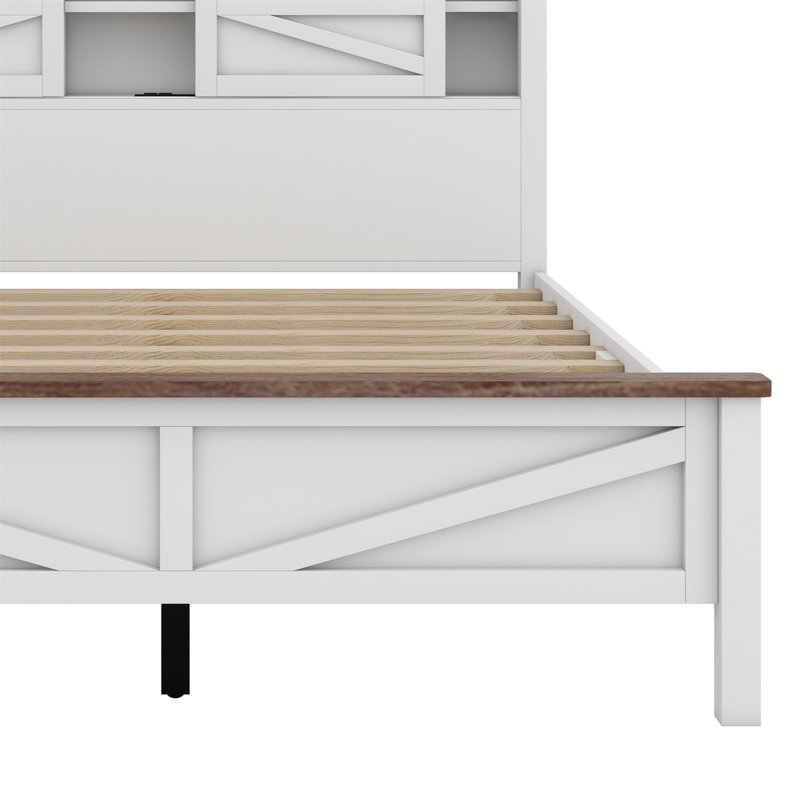 Lit plateforme avec tête de lit, station de charge, table de chevet et commode, Blanc / brun, Grand