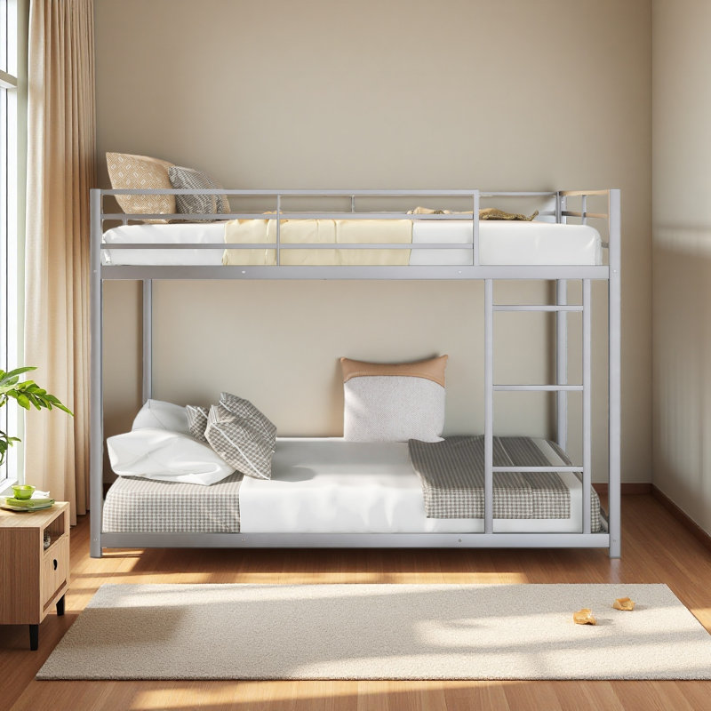 Metal Bunk Bed, Low Bunk Bed with Ladder, Full Over Full, Silver