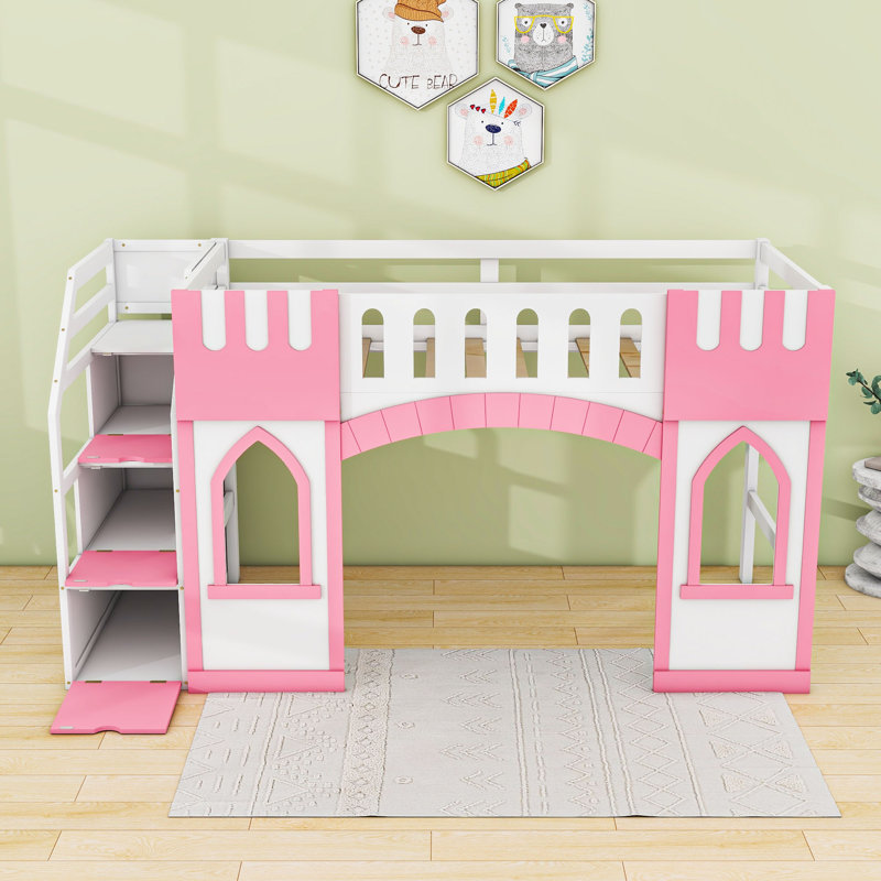 Lit mezzanine simple en bois avec escalier de rangement et fenêtre, Rose / blanc