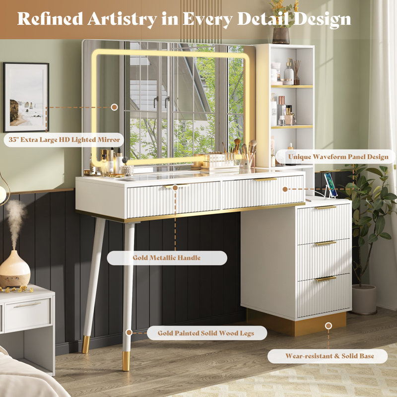 Mercer41 48" Vanity Desk with 35" Large Lighted Mirror, 5 Drawers & Shelves & Charging Station