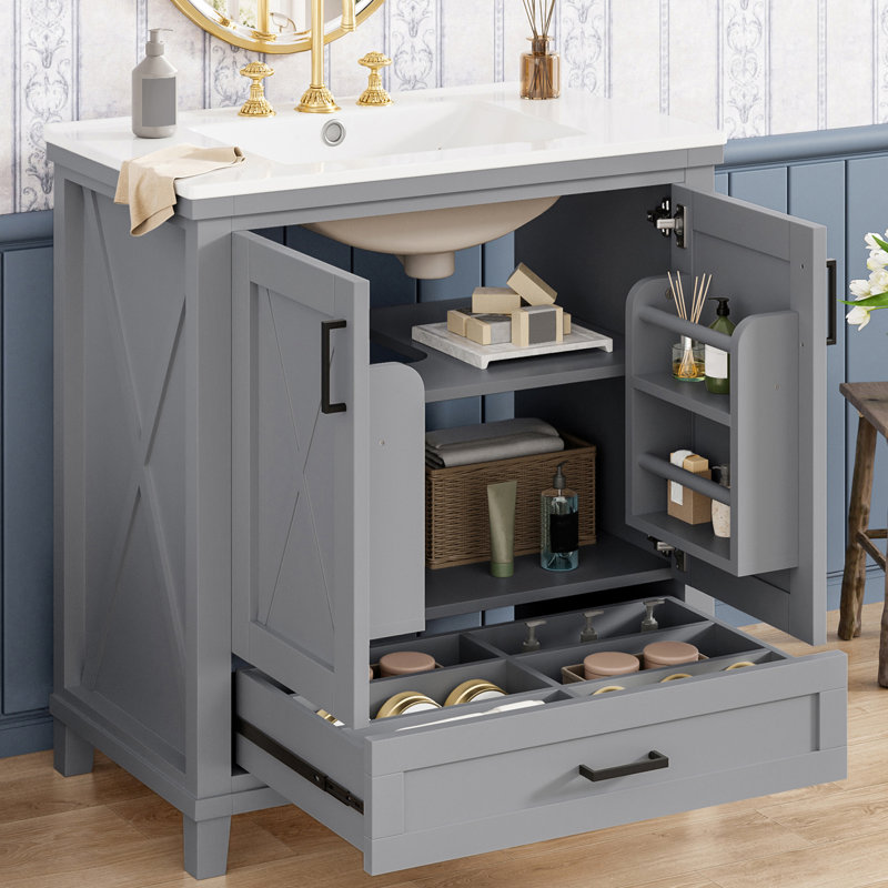 Freestanding 30'' Bathroom Vanity With Ceramic Top, Gray