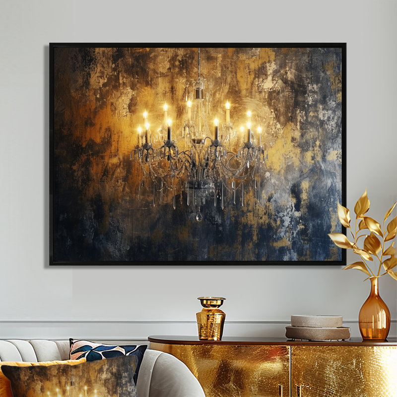 Lustre doré brillant à travers les ténèbres III, H 12 po x l 20 po x P 1 po, Toile avec cadre flottant noir