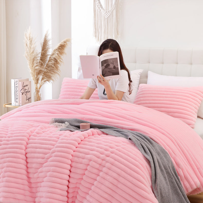 Fluffy Comforter Set 2 Pieces- All Seasons Heavy Faux Fur Comforter With One Pillowcase, Pink