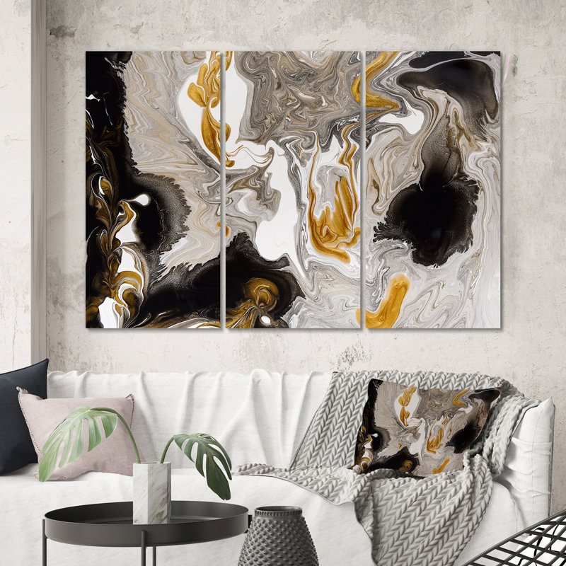 «Gold and Black Marble Waves I», reproduction d'art sur toile moderne, H 40 po x l 60 po x P 1 po