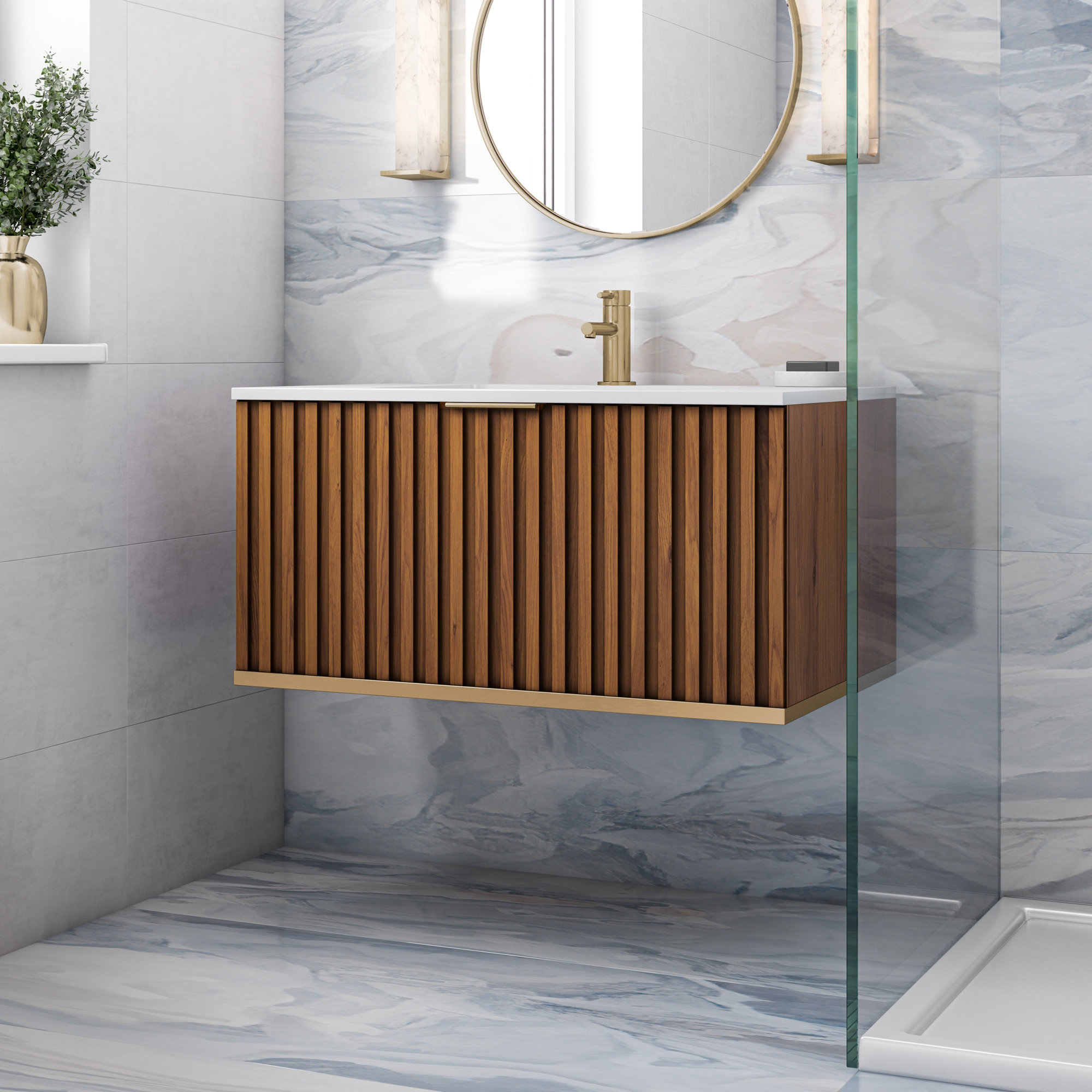 Terra 36'' Single Bathroom Vanity, Walnut, Satin Brass, White Granite