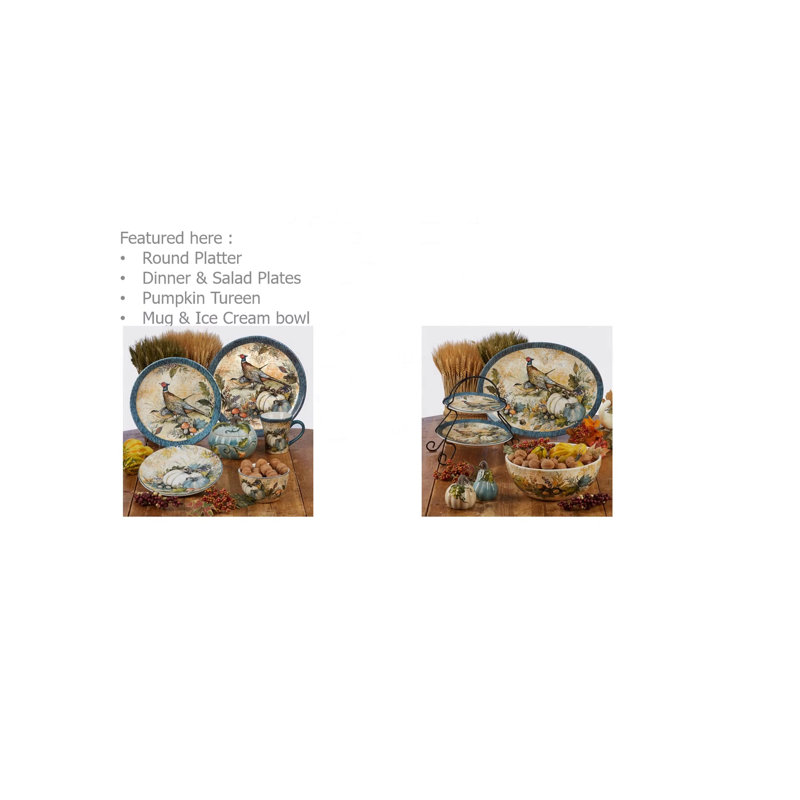 Harvest Gatherings Rectangular Ceramic Platter with Teal and White Pumpkins