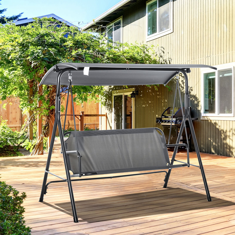 Balancelle de véranda 3 places, acier gris, pieds antidérapants, auvent inclinable réglable pour une protection optimale contre le soleil et le vent, assise confortable, structure en acier, ombrage, grise, spacieuse