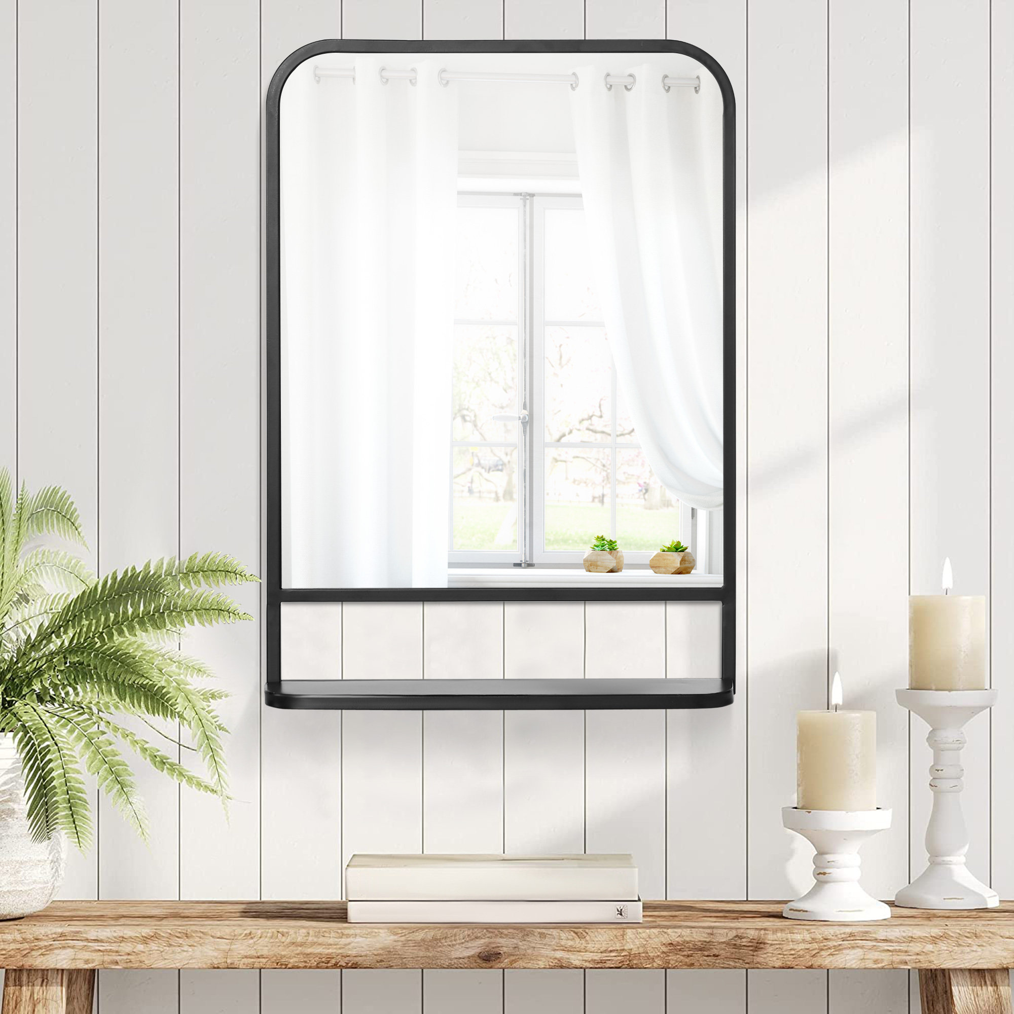 loftdesigns wandspiegel wohnzimmerspiegel hängespiegel dekospiegel rechteck  mit ablagefläche für eingangsbereich schlafzimmer modern elegant schwarz
