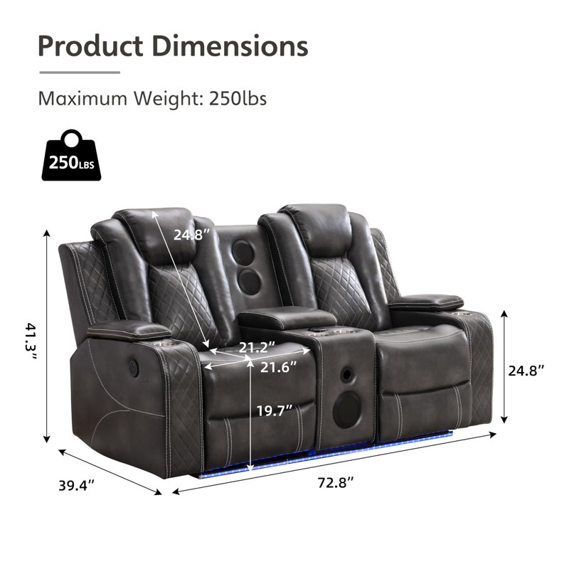 81.5'' Power Reclining Sofa Couch with Wireless Charger and LED Lights, Gray