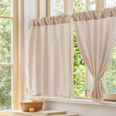 Linen-Look Kitchen Curtains with Tassel Trim, Light Filtering Rod Pocket Cafe Curtain Panels for Small Windows, Set of 2