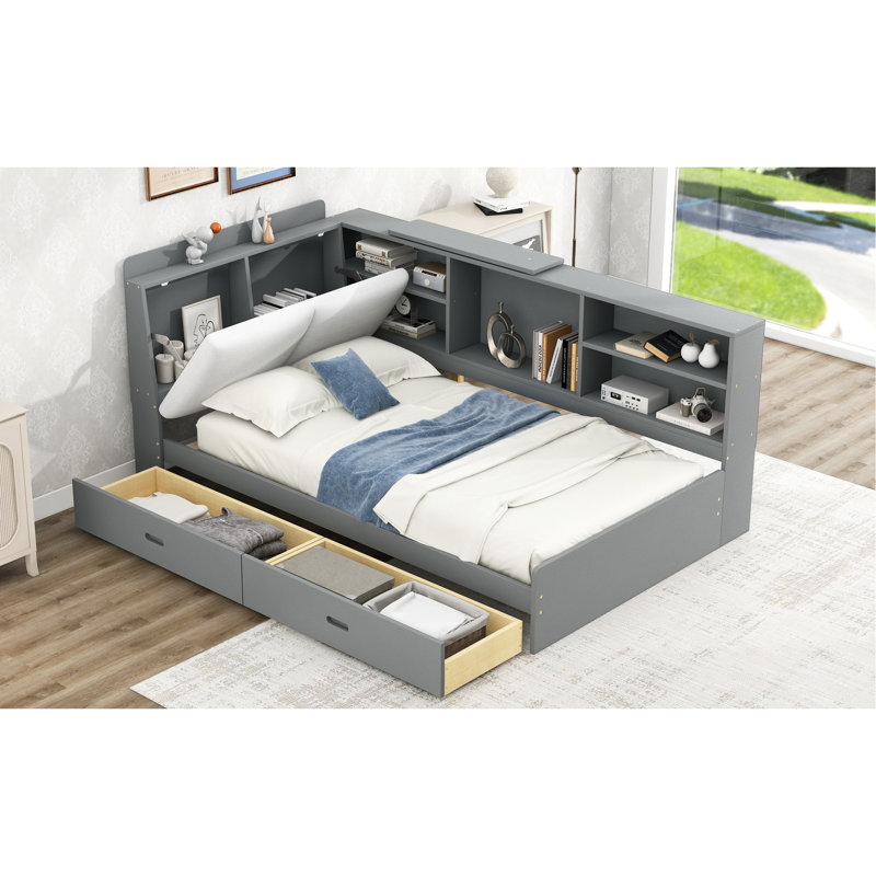 Lit plateforme simple moderne avec rangement pour tête de lit, tablettes, 2 tiroirs, tiroirs gris innovants pour l'organisation