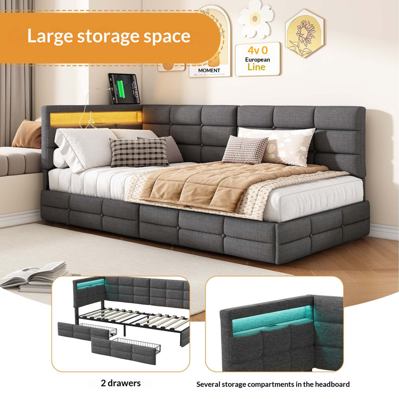 Upholstered Daybed with Drawer Storage, European Double (140 x 200 cm), Grey