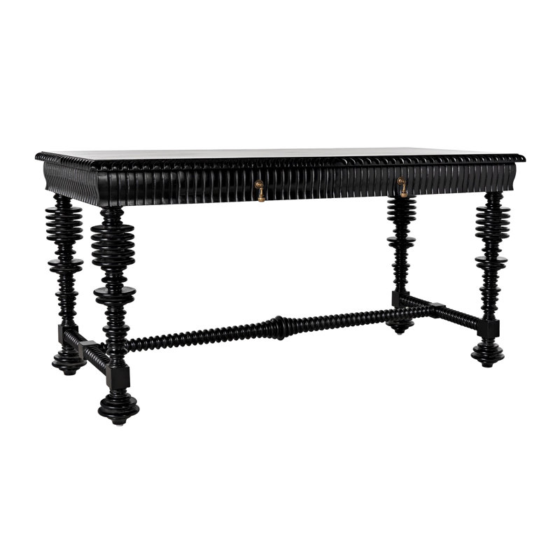 Elegant Portuguese 60'' Hand Rubbed Black Solid Wood Writing Desk with Drawer