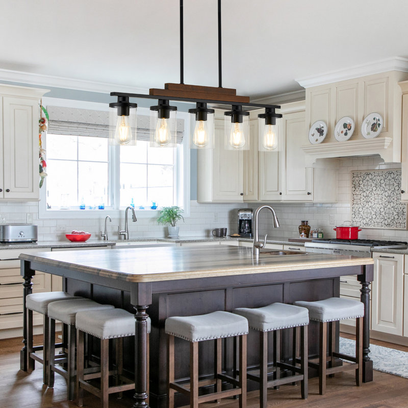 5-Light Wood Kitchen Island Light Fixture, Modern Farmhouse Chandeliers with 2 Layers of Wood