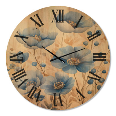 Horloge murale « Blue Meadow Blossoms I » - Coquelicots, imprimée sur bois