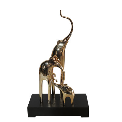 Abstract & Geometric Gold Elephant Family Resin Statue on Black Base 11" x 5" x 8"H