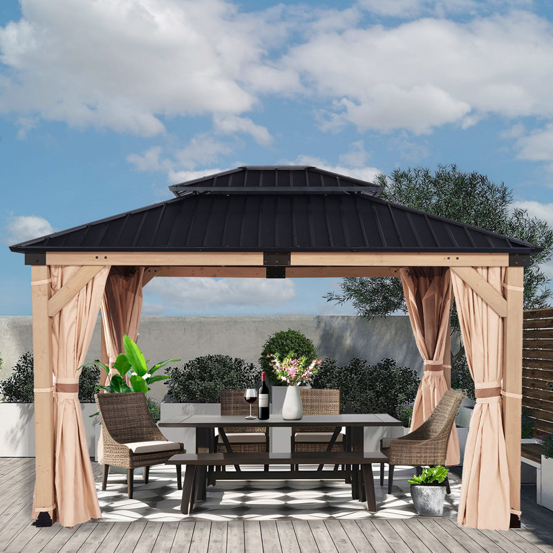 Cedar Wood Patio Gazebo, Double Metal Roof Hardtop Gazebo with curtain and Screen, 115" H x 153.5" W x 132.3" D, Oak