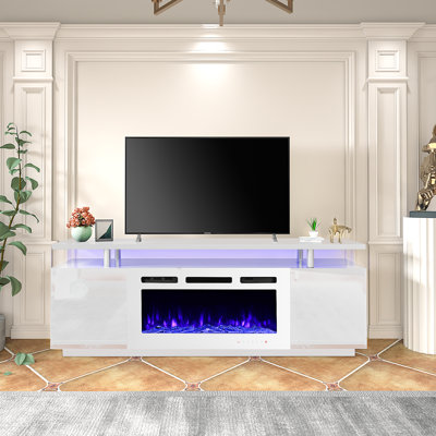 Meuble télé 70 po avec foyer électrique 36 po - Meuble audio-vidéo avec 12 effets de flamme et 16 lumières DEL de couleur, supportant les téléviseurs de 80 po ou moins dans le salon, blanc