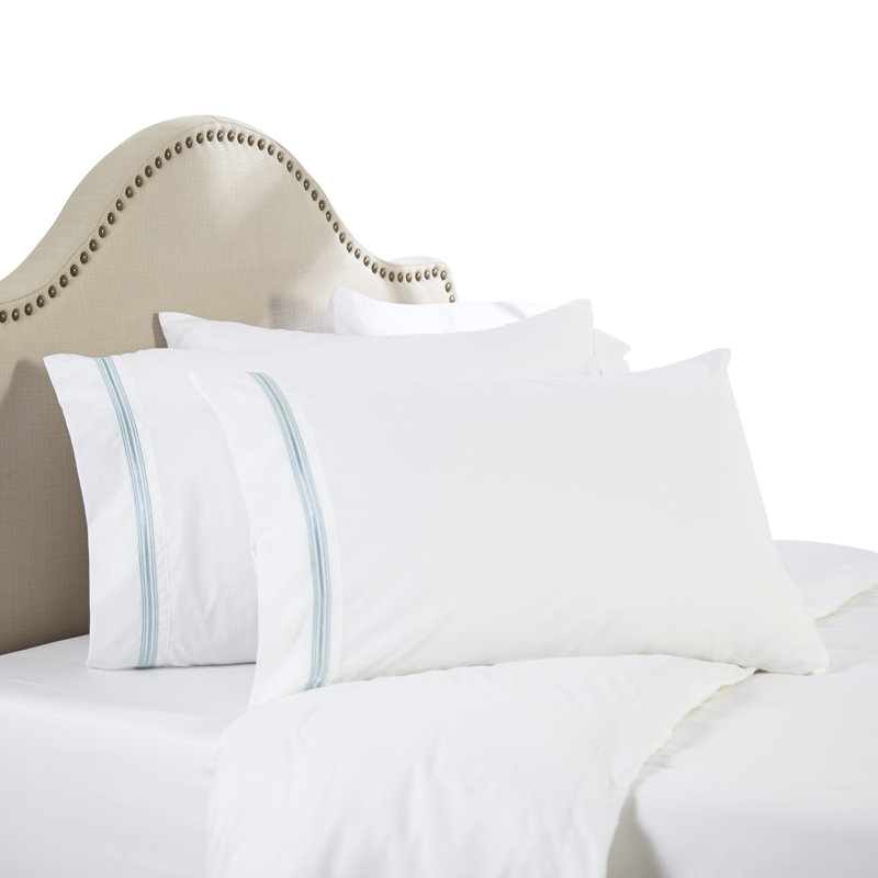  Ensemble de draps en percale en microfibre à rayures satinées 1800, Taie d'oreiller taille double, Bleu pâle