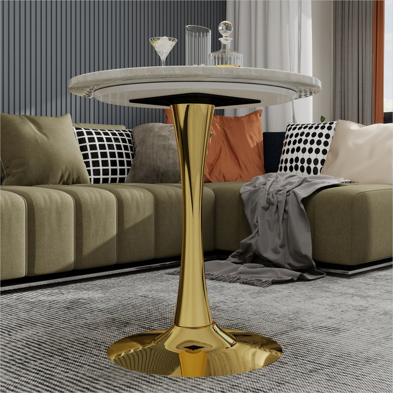 Table de salle à manger avec base à piédestal et plateau classique en marbre blanc, sièges 2 à 4, cadre rond de 27,6 po en fer doré, style Mid-Century moderne pour la cuisine ou le salon