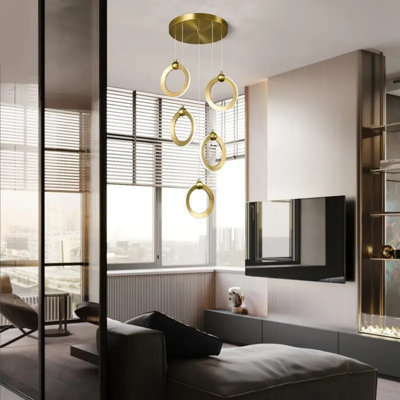 Modern LED Chandelier With 5 Rings - Dimmable 30W 6000K Adjustable Golden Pendant Light