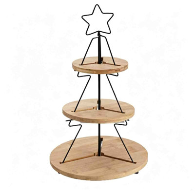 Iron cake stand 45cm 3 Tier Star Top Cupcake Stand Black Metal Tree Frame Round Wooden Tiered Tray  Christmas Dessert Display Stand For Party Holiday Table Decor