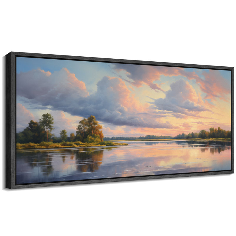 «Clouds Serene River Landscape At Sunset Vintage Inspired Stripes», reproduction encadrée sur toile, H 30 po x l 60 po