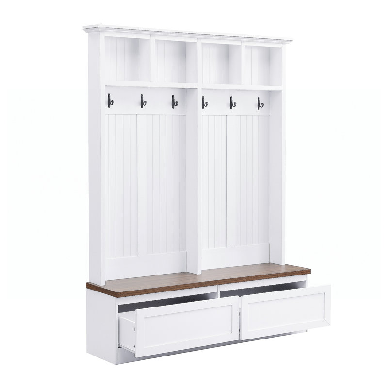 Farmhouse 4-in-1 Hall Tree with Wood Grain Bench, Mudroom Versatile Coat Rack with 2 Large Drawer, Entrance Organizer for Hallway, Living Room, White, 55.9"W