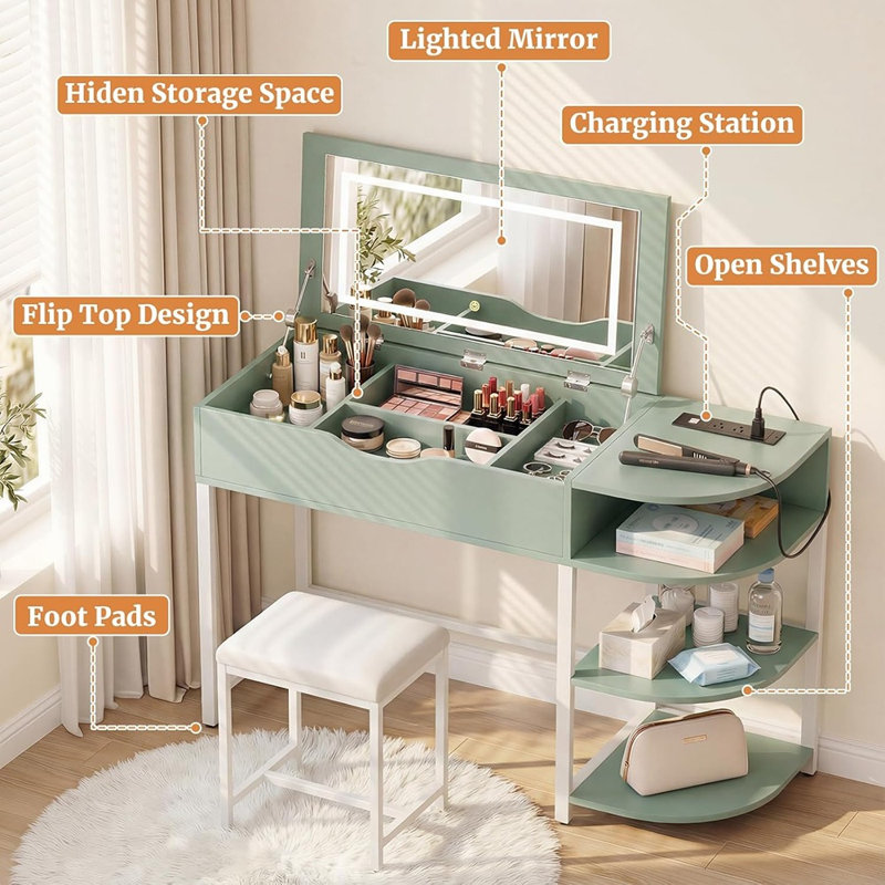Bureau de meuble-lavabo avec miroir rabattable et lumières, bureau de maquillage avec tiroirs, coiffeuse avec tablettes de rangement et station de charge, petit meuble-lavabo pour petits espaces, vert