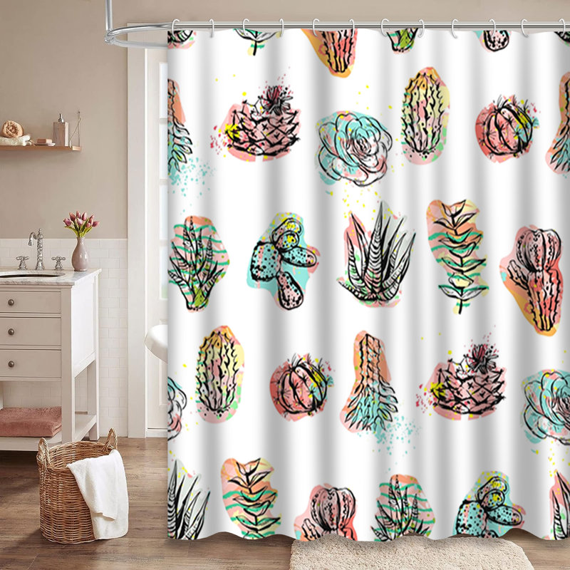 Abstract Succulent Cactus Plants White Graphic Shower Curtain with 12 Hooks, 72" L x 84" W