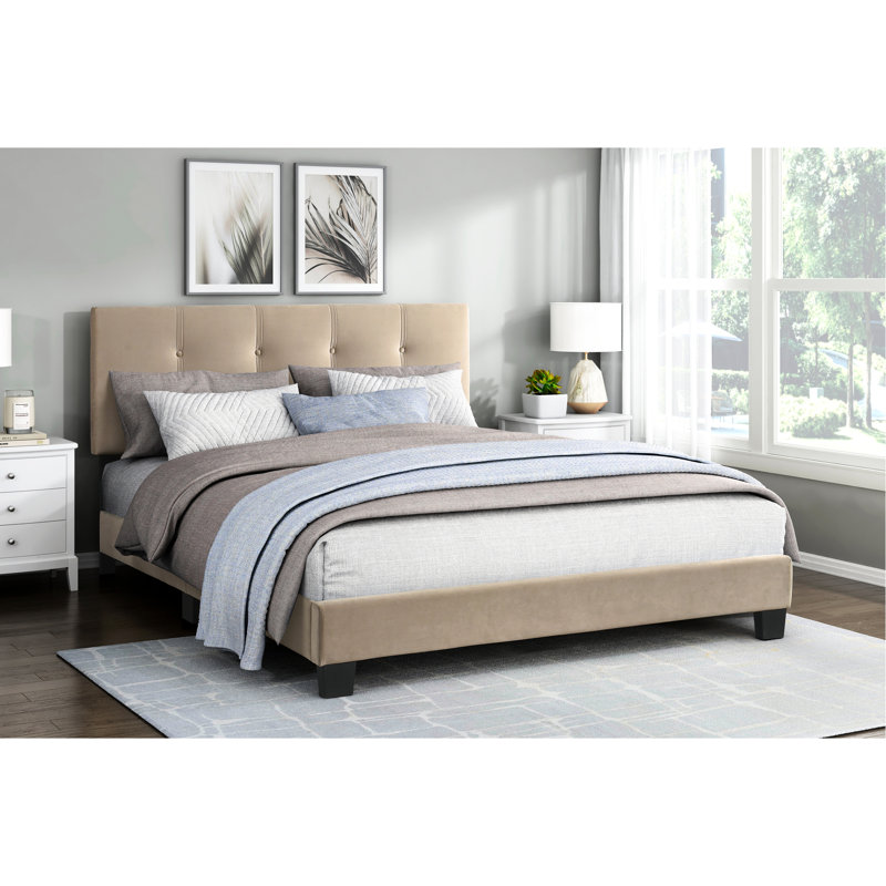 Queen Bedroom Bed In Brown Velvet, Solid Wood Frame, Adjustable Velvet Bed, Headboard Piece, Light Brown, Queen