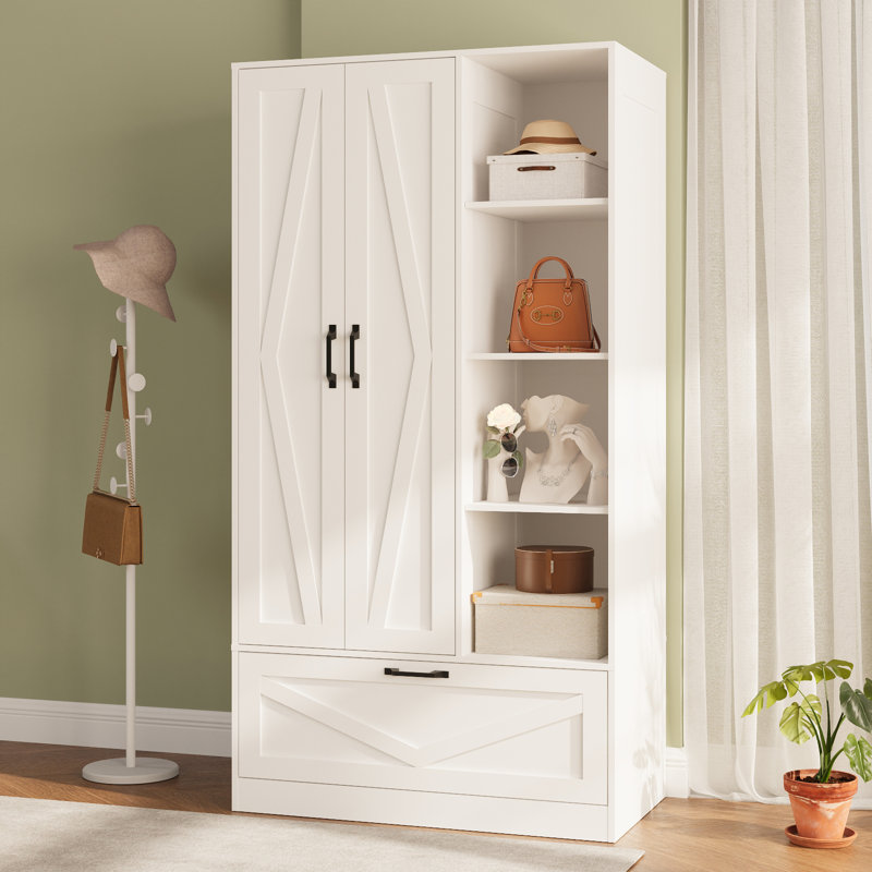 Wooden Wardrobe With 4 Open Storage Shelves, 70.87" Utility Storage Cabinet Armoire