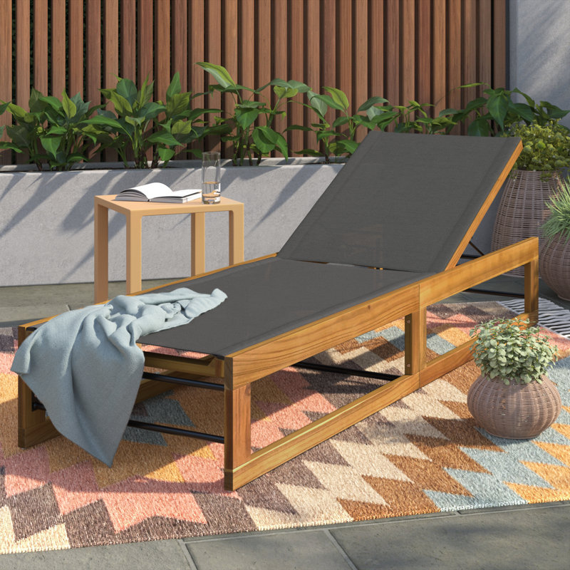Arvada Outdoor Wood Chaise Lounge, Gray Mesh/Teak Frame, 4